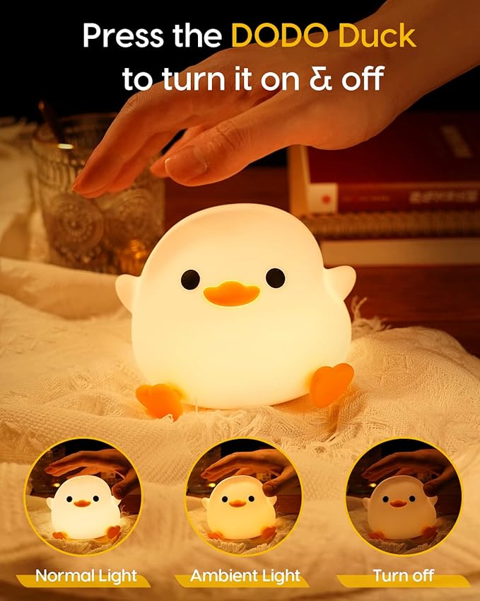 Amaredom DoDo Duck Night Light, Cute Duck Lamp, Silicone Dimmable Nursery Nightlight, Rechargeable LED Bedside Lamp with 20 Minutes Timer & Tap Control Baby Girls Women Bedrooms, Living Room