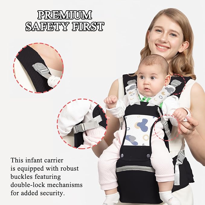 Baby Carrier with Hip Seat for Newborn to Toddler, 6-in-1 Ergonomic Infant Carrier for 0-36 Month Baby, All Positions Soft Breathable Mesh Wrap Carrier with Waist Stool, Baby Holder-Grey Print