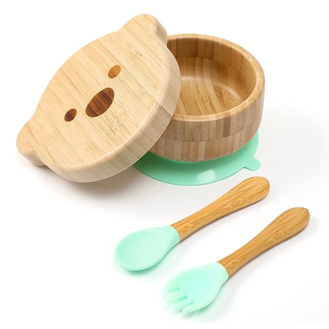 Baby Bowls with Lid,HBM Bamboo Suction Bowls for Baby and Spoon Set,3PC Feeding Supplies Set for Infant, Toddlers,Detachable Silicone Suction Stay Put Base for Wooden Bowl （Mint）