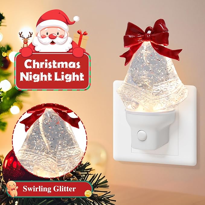 Christmas Bell Night Light Plug into Wall Glitter Water Nightlight with USB/Outlet Options, Christmas Decorative Nightlight for Bedroom Kitchen Nursery Hallway Holiday Decorations Gifts (Bell)