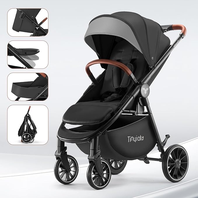 Tinyiota Baby Stroller for Kids,Toddler Stroller with Large UPF 50+ Canopy,Luxury Strollers with Leather Handle & Spacious Seat, One-Hand Foldable Pushchair,Baby Carriage with Lie-Flat Mode(Black)