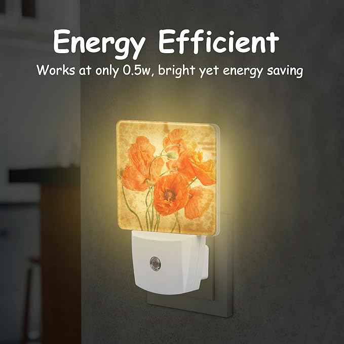 Vintage Orange Flowers Night Light Plug Wall,Poppy Bouquet Oil Painting LED Night Lights with Dusk to Dawn Light Sensor for Women Girls Boys Room Decor,Hallway,Kitchen,Bathroom,Nursery,Stairs