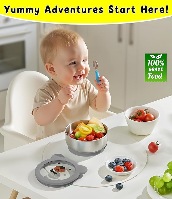 BPA-Free 100% Food-Grade Stainless Steel Baby Bowls with Suction Toddler Bowl Double-Layer Insulated Kids Bowls with Non-Slip Silicone Suction Cup Infant Bowls with Spoon Airtight Glass Lids Gray