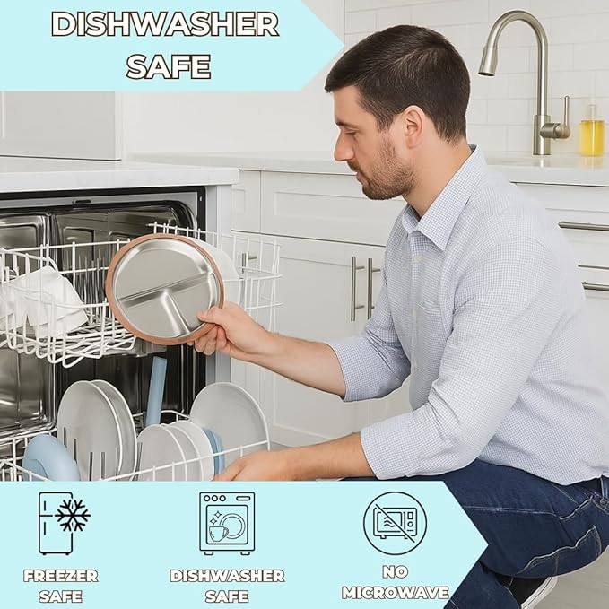 Stainless Steel Toddler Feeding Set 4 Pieces – Suction Plate, Silicone Bib, Spoon & Fork – Divided Plates for Baby Led Weaning, BPA-Free, Removable Shell (Sage Green)