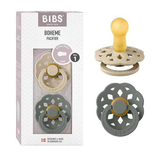 BIBS Pacifiers 0-6 Months | Boheme Collection 2-Pack | BPA-Free Round Nipple | Nautral Rubber Latex | Made in Denmark | Vanilla/Pine