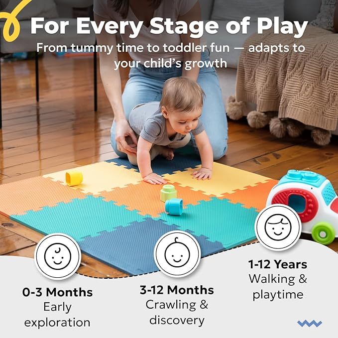 MioTetto Baby Play Mat, Comfortable Tummy Time Mat – Portable Foam Floor Tiles, Safe baby mat for floor for Crawling & Development, Soft play mat for babies 0-6 months, Stylish interlocking foam tiles