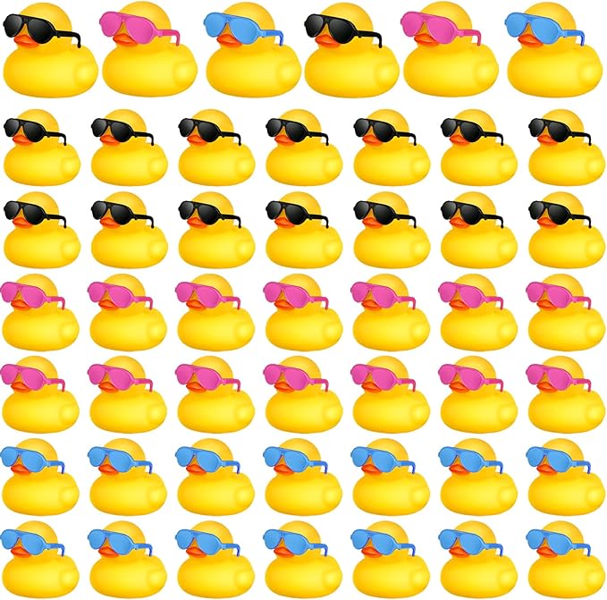 Chivao 48 Pcs Mini Rubber Ducks with Sunglasses in Bulk Small Duck Gift Bathtub Toys for Holiday Cruise Birthday Party Favor(Yellow, Blue, Pink, Black)
