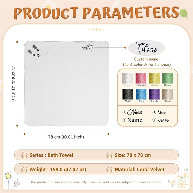 Personalized Baby Towels for Newborn Custom Embroidery Name Hooded Baby Bath Towels for Boy Girl Newborn Essentials Must Haves Shower Gift Soft Coral Velvet 30"x30" (White)