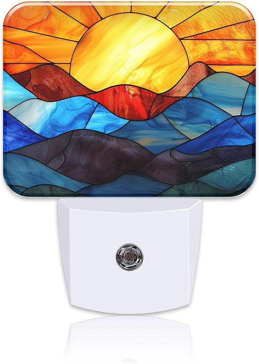 Stained Glass Sunset Night Light Plug into Wall, Colorful Glass Mountains Night Light with Dusk to Dawn Sensor for Kid Girls Boys Women Men Room, Hallway, Kitchen, Bathroom, Stairs Decor