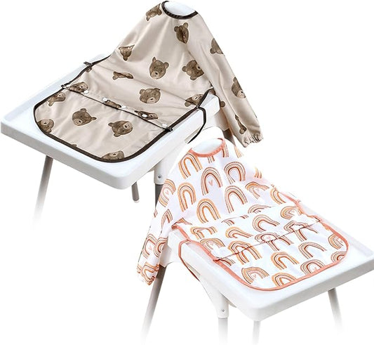 2-Pack Long Sleeve Baby Bib,Coverall Baby Bibs for Eating,Waterproof,Attaches to Highchair&Table,Ages 1 to 3 Years
