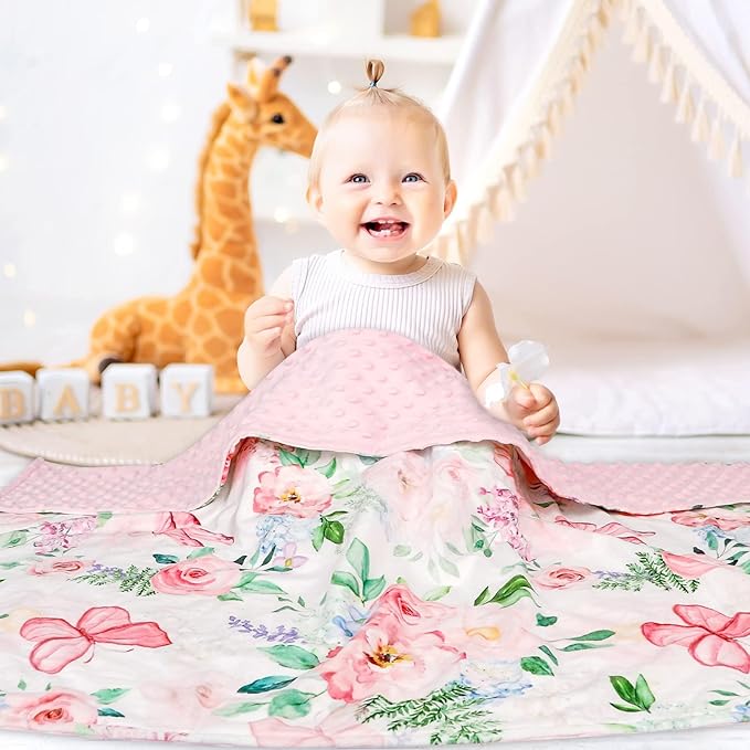 Baby Blankets for Girls Super Soft Minky Toddler Blanket 30x40 Inches, Double Layer, Dotted Backing, Floral Baby Crib Blanket for Nursery, Baby Car Seat, Pet, Pink Flower