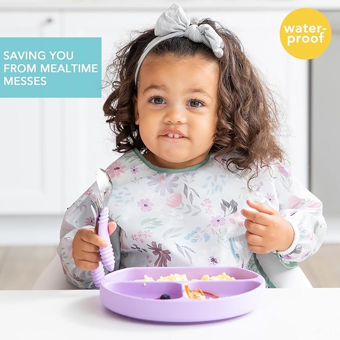 Bumkins Sleeved Bib for Girl or Boy, Baby and Toddler for 6-24 Mos, Essential Must Have for Eating, Feeding, Baby Led Weaning Supplies, Long Sleeve Mess Saving Food Catcher, Soft Fabric, Floral Gray