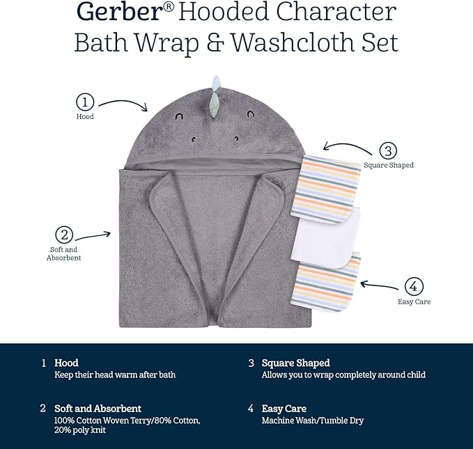 Gerber Baby 4 Piece Animal Character Hooded Towel and Washcloth Set, Charcoal Dino, One Size