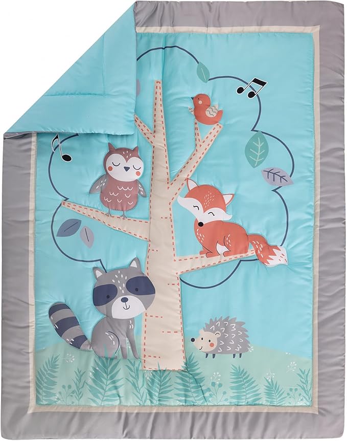 Blue Woodland Nursery Crib Bedding Set for Boys 3 Pieces Fox Owl Raccoon Baby Boy Cot Bedding Set