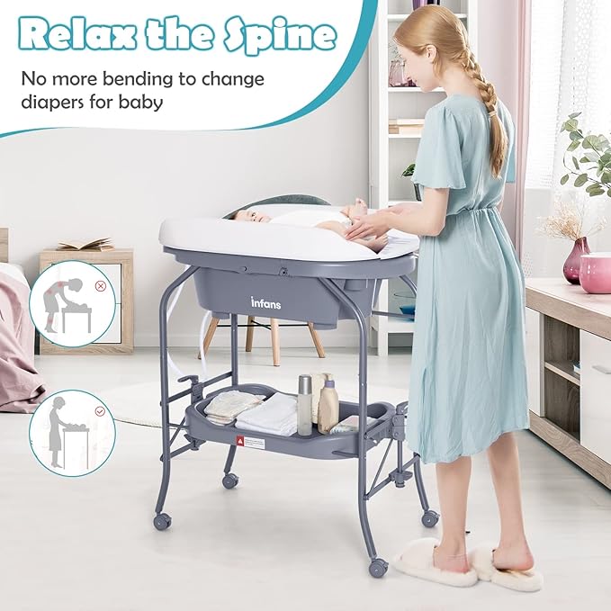 INFANS 2 in 1 Baby Changing Table with Bath Tub Unit, Folding Diaper Dresser Station with Wheels Waterproof Pad Storage Rack, Portable Nursery Organizer Stand for Newborn Infant