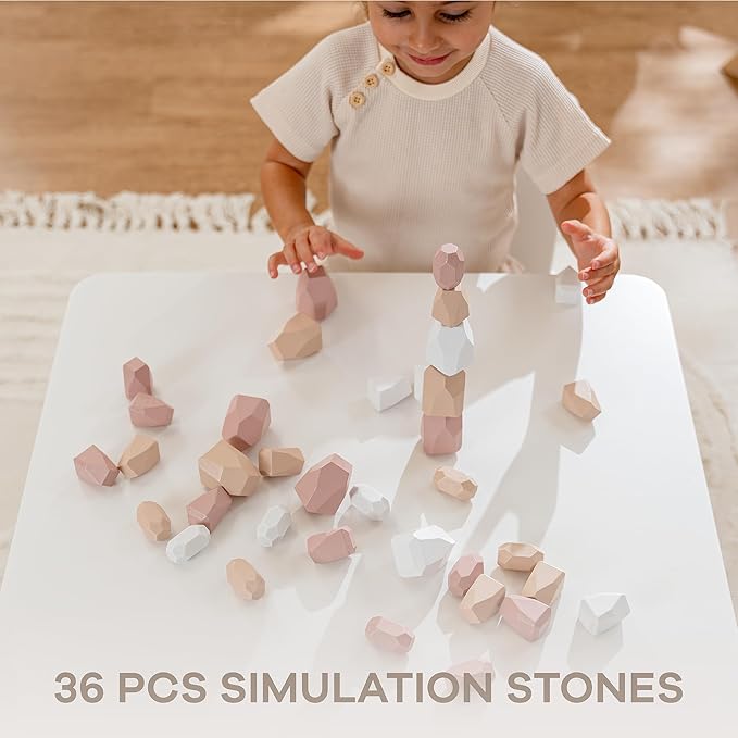 Comfy Cubs Stacking Rocks 36 Pieces, 36 Months+, Educational Toddler Stacking Blocks, Promotes Imagination, Balance & Fine Motor Skills - Wooden Rocks Sensory Toys Gift for Kid, Girl Pack