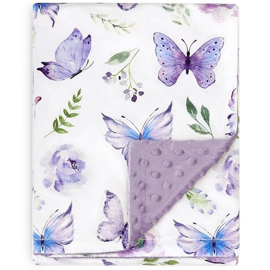 BORITAR Baby Blanket for Girls Soft Plush Minky Fabric, Double Layer Dotted Backing with Elegant Purple Butterfly Pattern Blanket Gift for Toddler Newborn Infant 30 x 40 Inch(75x100cm)