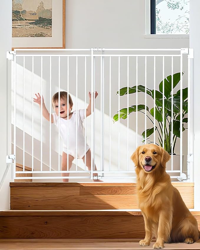 34-53" No Bottom Bar Baby Gates Dog Gate for Stairs, 39" Extra Tall Child Safety Gate with Auto Close Design, Large Walk Thru Door, Extra Wide Hardware Mount Pet Gate for Doorways Deck Indoor Outdoor