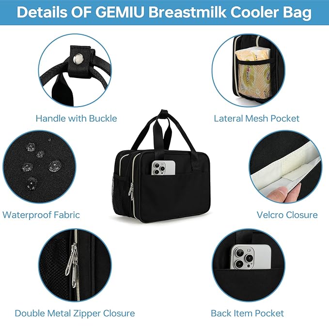 Breast Milk Cooler Bag with Ice Pack,Fits 6 Baby Bottles Up to 9 Ounce Breast Milk Cooler Travel Bag Compatible with Wearable Breast Pumps & Accessories for Nursing Mom Daycare Black