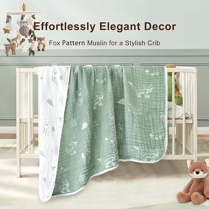 BOPRIO Muslin Baby Blankets for Baby Infant Toddler, 70% Cotton and 30% Rayon with Animal Design Super Soft and Lightweight Nursery Blankets 43 x 43 Inch (Sage Green Fox)