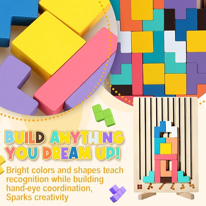 JONEG Games for 3+ Year Olds Kids- Wooden Stacking Puzzles Tetris - Brain Teasers 3D Russian Blocks Board - STEM Montessori Toys for Ages 3 4 5 6 7 10 - Gift for Toddlers Classroom Travel