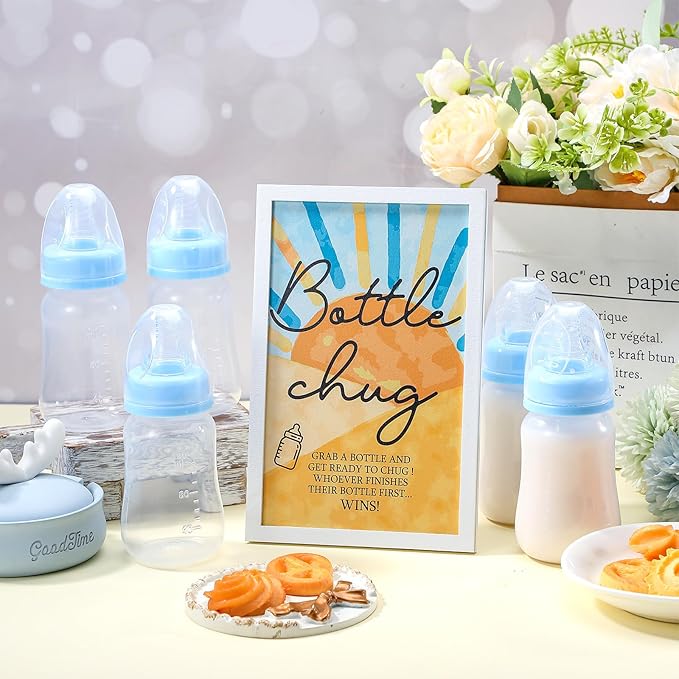 Roowest Bottle Chug Baby Shower Game Favors Including 18 Pcs Feeding Bottles with 1 Sun Theme Bottle Chug Wooden Sign for Gender Reveal Baby Shower Party Supplies