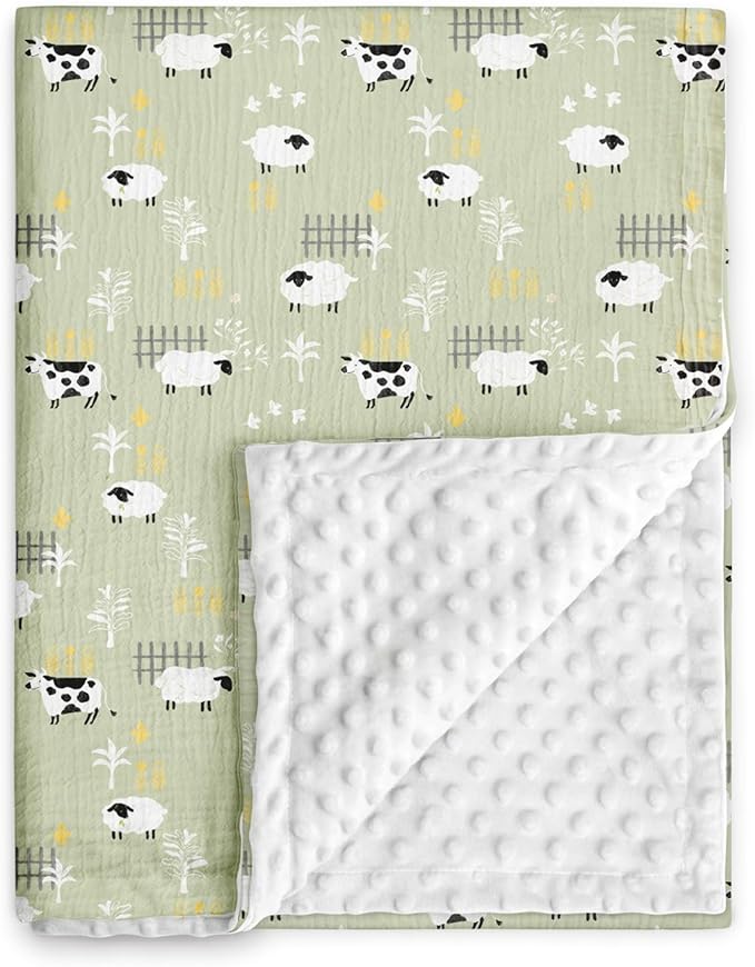 GLLQUEN BABY Blankets for Unisex Newborn Super Soft Nursery Minky Blankets with Muslin Cotton Front and Dotted Fleece Backing, Happy Little Sheep, 30 x 40 inches