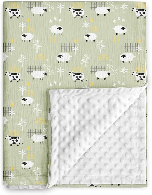 GLLQUEN BABY Blankets for Unisex Newborn Super Soft Nursery Minky Blankets with Muslin Cotton Front and Dotted Fleece Backing, Happy Little Sheep, 30 x 40 inches