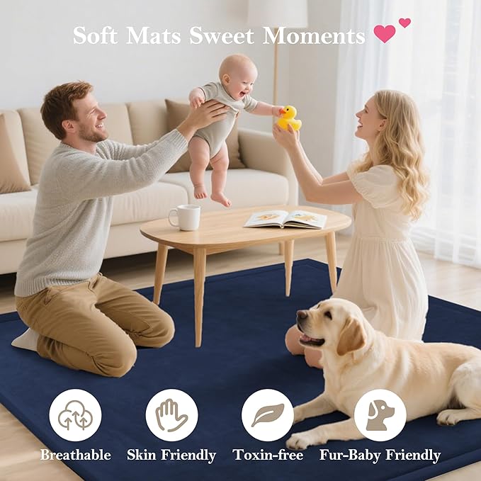 Baby Play Mat for Floor, 1.3"Thick Extra Large Cushioning Memory Foam Playpen Mat, Soft Coral Velvet Baby Crawling Mat with Non-Slip Backing for Toddlers,Infants,Kids,Yoga Mat (Dark Blue 59"×79") ﻿