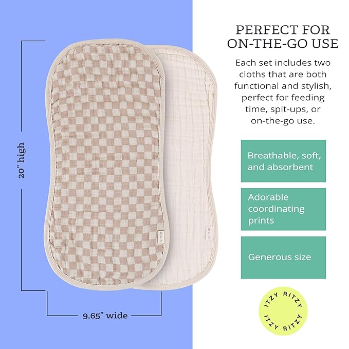 Itzy Ritzy Set of 2 Baby Burp Cloths – Ultra-Soft Absorbent Burping Cloths for Babies - Made of 100% Cotton Muslin & Generously Sized with Trendy Coordinating Prints – Machine Washable (Checkerboard)