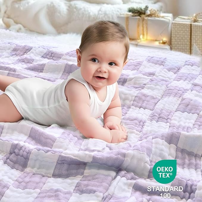 Muslin Swaddle Blankets, Ultra Soft Checkered Receiving Blankets for Baby Boys and Girls, 43 x 43 Inches Baby Swaddle Neutral Wrap 70% Cotton and 30% Rayon Purple