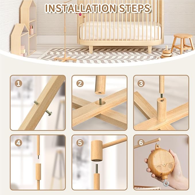 FEISIKE Baby Crib Mobile Arm with Music Box Spin Motor, 57.4 Inch Mobile Arm for Crib Wooden Nursery Decor Hanger Holder for DIY Mobile