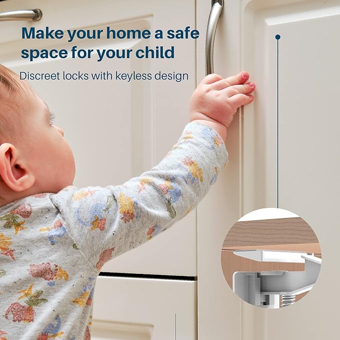 Inaya Cabinet Locks Child Safety Latches - Baby Proofing Cabinets & Drawers Locks - Child Proof Your Home - No Drilling & No Tools Required! (12 Pack - Extended Length Version)
