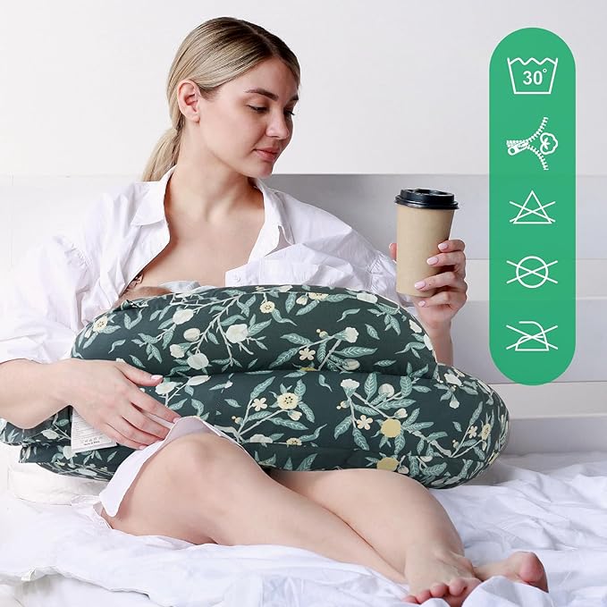 Nursing Pillow for Breastfeeding, Original Breastfeeding Pillows for Support Mom and Baby, Nursing Pillows with Adjustable Waist Strap, Pocket and Removable Soft Cover, Dark Green