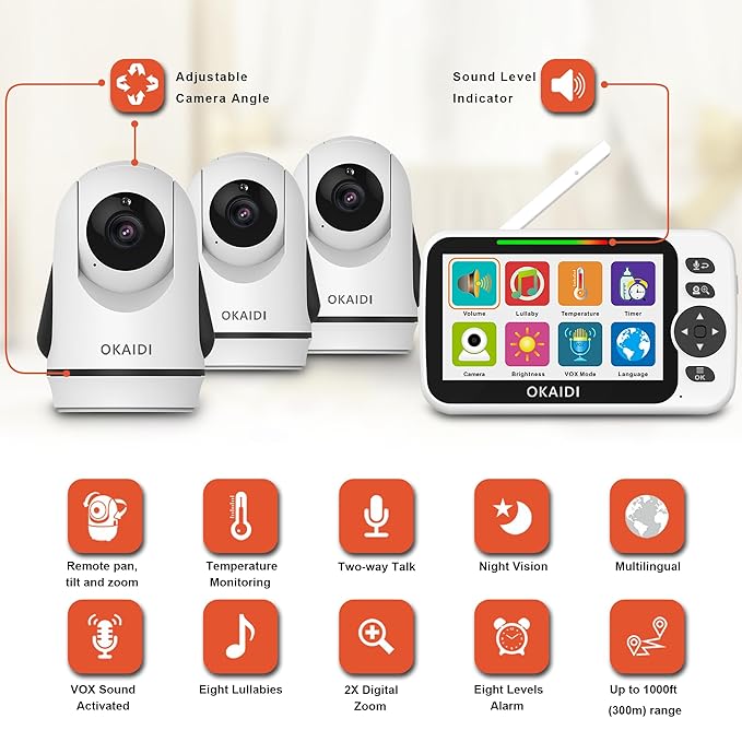 OKAIDI Video Baby Monitor with 3 Cameras, 5" Display Baby Monitor No WiFi, 30H Battery and 1000ft Range, 2-Way Talk, 8 Lullabies, Remote Pan-Tilt-Zoom Baby Camera for Baby/Pet/Elderly