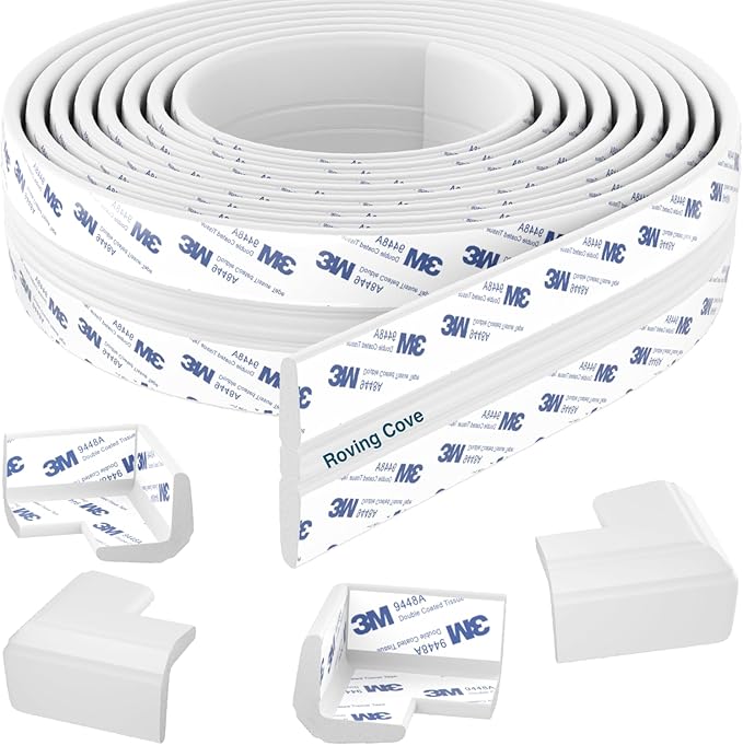 Roving Cove PreFit (Classic) Furniture Edge Corner Protector (Standard 15ft Edge 4 Corners), Baby Proofing Bumper Guards, Oyster White (Off White), Pre-Taped, for Straight Smooth Surfaces