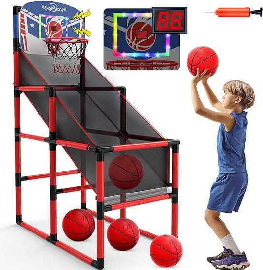EagleStone 63IN Kids Arcade Basketball Hoop Indoor, LED Scoreboard Basketball Arcade Game Set for Outdoor with Cheer Sounds, Kids Basketball Toys for Boys Girls Age 3-5 5-7 4-8