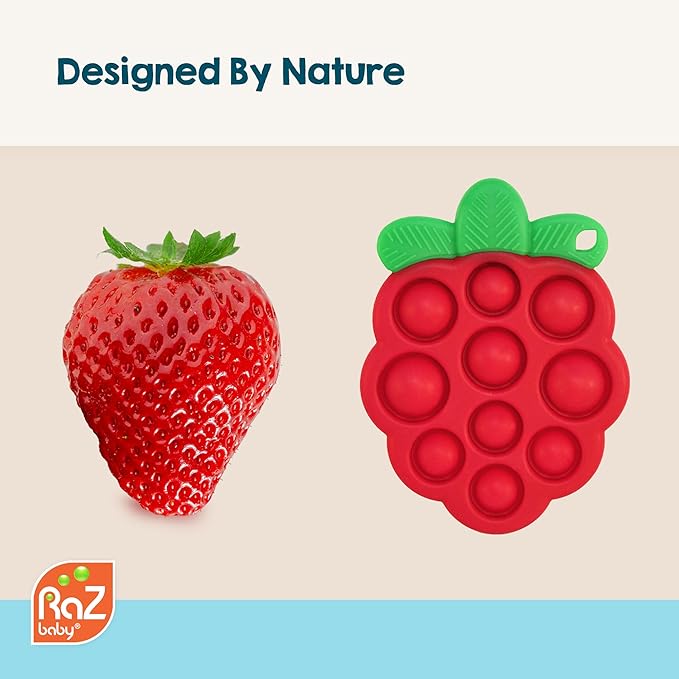 RaZbaby RaZberry Pop Strawberry Teether – Multi-Textured Silicone for Sensory Development & Teething Relief – Easy to Hold for Small Hands – Soft BPA-Free Design for Babies 3 Months+, Red/Green