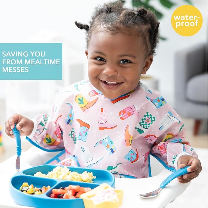 Bumkins Sleeved Bib for Girl or Boy Baby and Toddler for 6-24 Mos, Essential Must Have for Eating, Feeding, Baby Led Weaning Supplies, Long Sleeve Mess Saving Food Catcher, Soft Fabric, Cowgirl Boots