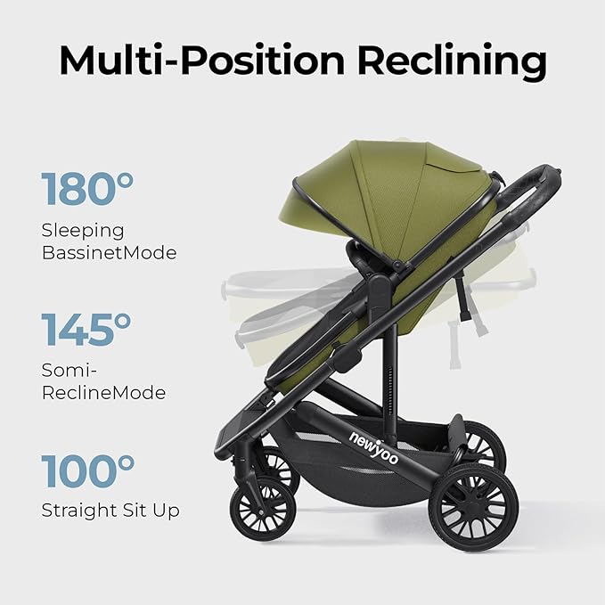newyoo Bassinet Stroller for Newborn, Nestro 516M, Baby/Infant Strollers w Convertible/Reversible Seat & Cup Holder, Coches para Bebes, 2-in-1 Rear-Facing Pram, One-Hand Quick Fold, Green