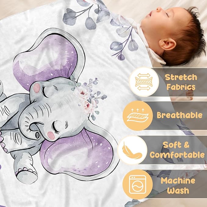 Custom Baby Blanket, Personalized Name Baby Blanket for Boy Girl, Purple Elephant Double Layer Dotted Backing Receiving Swaddle Blankets, Nursery Newborns New Parents Customized Gift(60"x80")