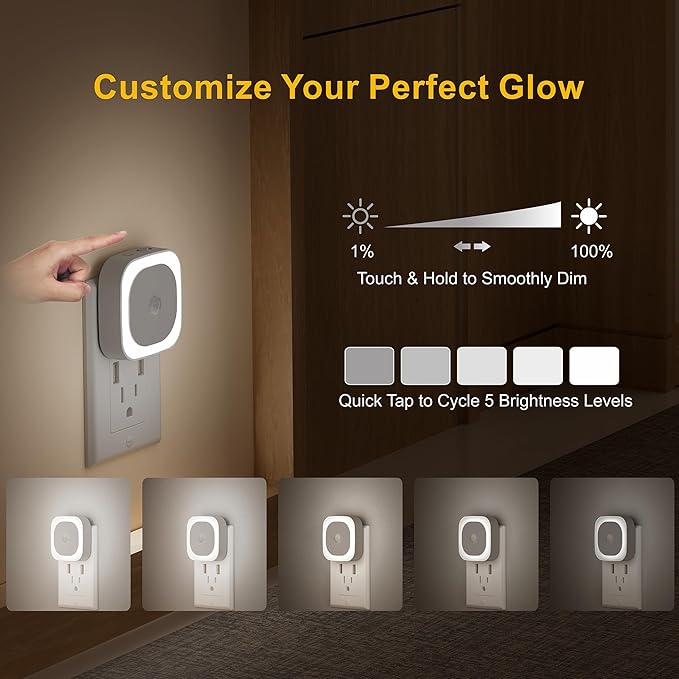 2 Pack Plug in Night Light with Motion Sensor & Dusk to Dawn Sensor, 3 Sensor Modes, Night Lights Plug into Wall, Auto ON/Off, Dimmable Nightlight for Bathroom, Stairs, Kitchen, Cool White