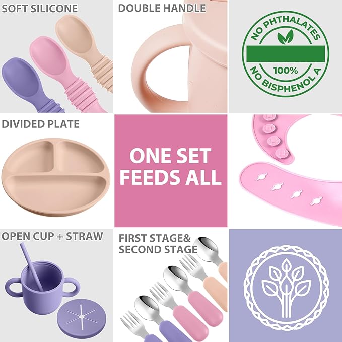 Yinder 24 Pack Silicone Baby Feeding Set Baby LED Weaning Supplies Includes Suction Divided Plates Soft Bowl Spoons Forks Adjustable Bib Snack Cup and Straws (Purple, Pink, Nude)