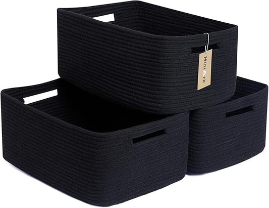 Large Storage Baskets for Shelves, Closet Organizers Bins for Clothes Blanket Towels, Baby Nursery, Toy Baskets Box, Woven Rope Baskets, 17 x 13 x 7.5”, 3 Packs Black