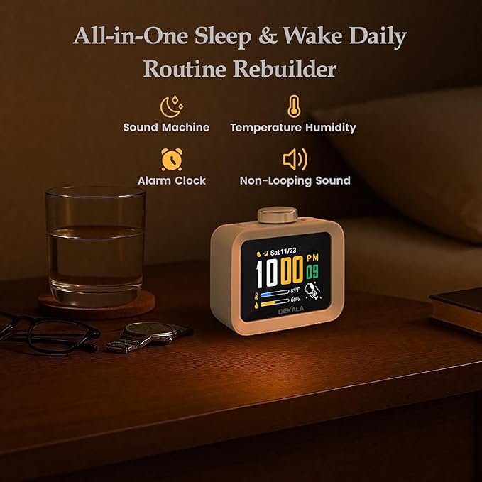 Dekala AuraDot White Noise Sound Machine for Sleep Temperature Humidity Monitor, 30 Non-Loop Soothing Sounds, Timer/Play All Night, Animationed Sleep Screen, 7-Day Programmable 4 Alarm Clock