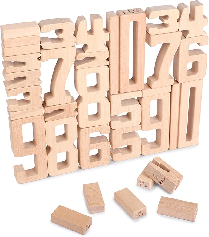 Wooden Number Building Blocks, Large Digit Blocks 1-10, 32 Pcs Math Blocks Number Toys for Kids, Educational Blocks for Toddlers, Toys to Learn Numbers for 3 Year Olds +