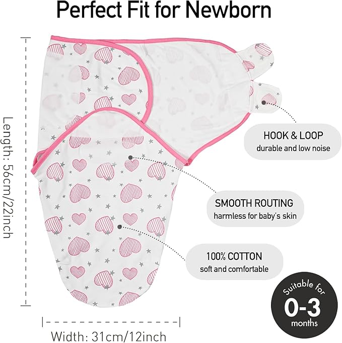 GLLQUEN BABY Swaddles for Newborns - 3 Pack Baby Adjustable Swaddle Sleep Sack for Boys and Girls 0-3 Months,Baby Wrap Swaddle Sack, Stripe & Heart, Nursery Essentials