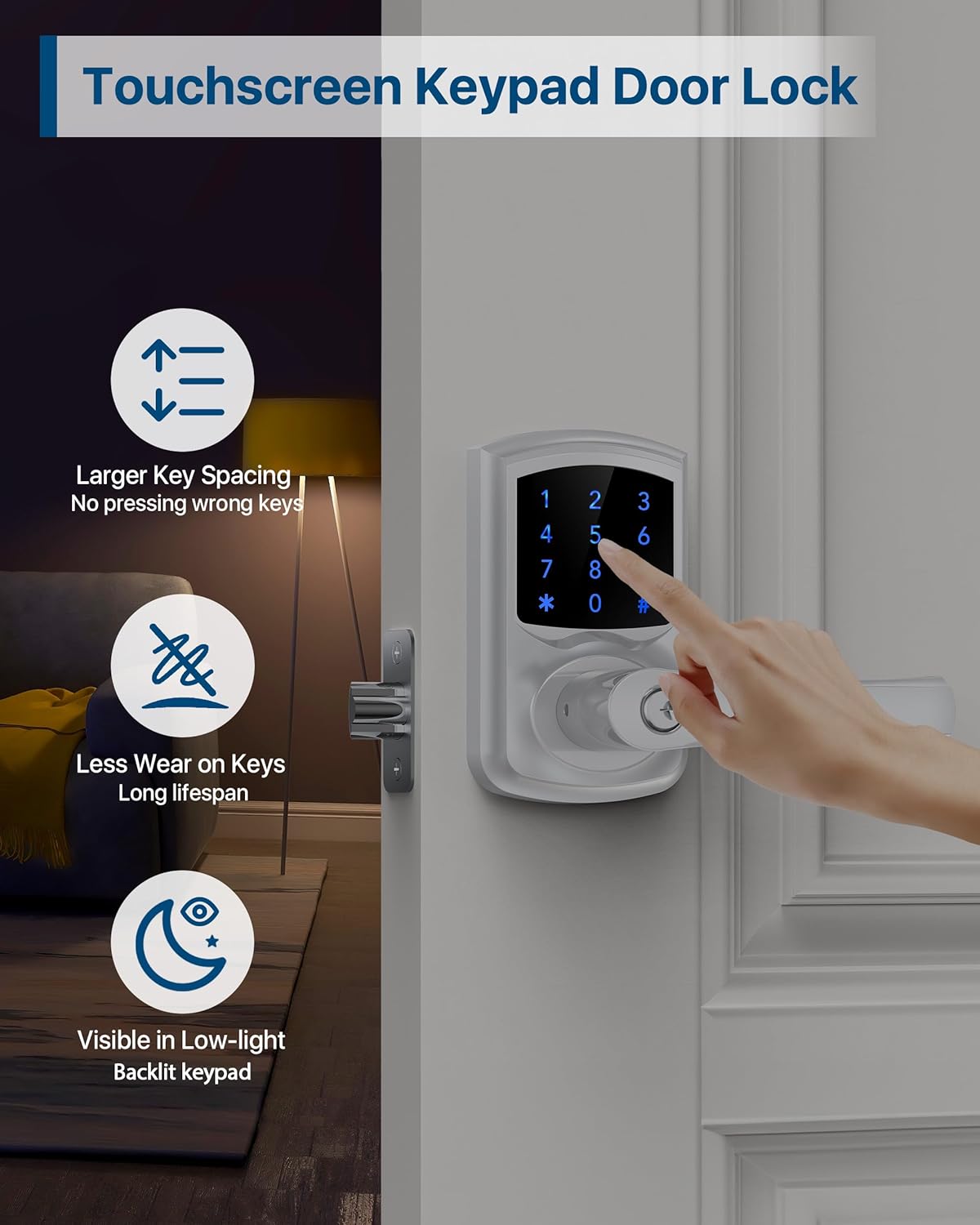 Keyless Entry Door Lock with Keypad and Handle for Front Doors, Touchscreen, Anti-peep Password, Auto-Locking, Satin Chrome