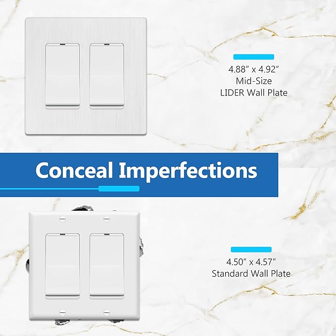 LIDER Brushed Finish Decorator Switch Cover, Screwless Wall Plate, Mid-Size 2-Gang 4.88" x 4.92", Unbreakable Polycarbonate Thermoplastic, UL Listed, LSWP-32M-BW, Brushed White