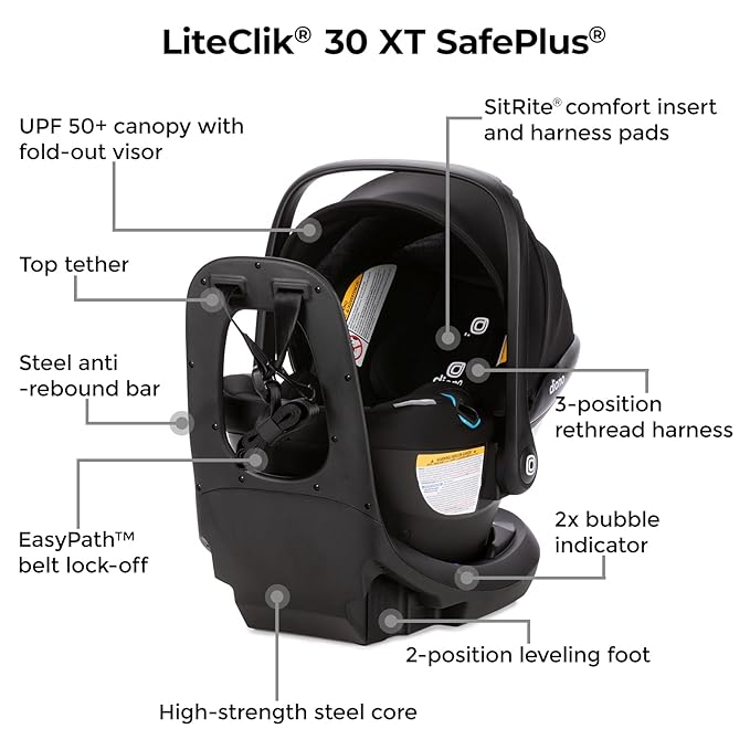 Diono LiteClik30 XT SafePlus Infant Car Seat and Base, Rear-Facing for Infants 4-30lbs, SafePlus Engineering, with Infant Insert, UPF 50+ Sunshade (Black Storm)